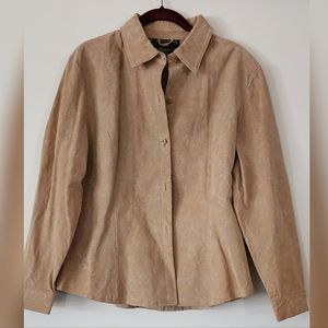 August Silk Beige Floral Embroidered Suede Jacket vintage suede collared button